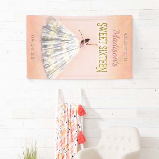 Waterverf Jurk Blush Roze Goud Sweet 16 Verjaardag Spandoek (Insitu)