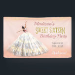 Waterverf Jurk Blush Roze Goud Sweet 16 Verjaardag Spandoek<br><div class="desc">Deze prachtige Sweet 16 party horizontale banners bevatten een prachtige waterverf danseres in een lange jurk die een pose met haar armen slaat. De achtergrond is blush roze met een rand van goudkleurige spikkels / confetti. De wit-grijze jurk van de danser heeft een licht glitterende uitstraling. De woorden "Sweet Sixteen"...</div>