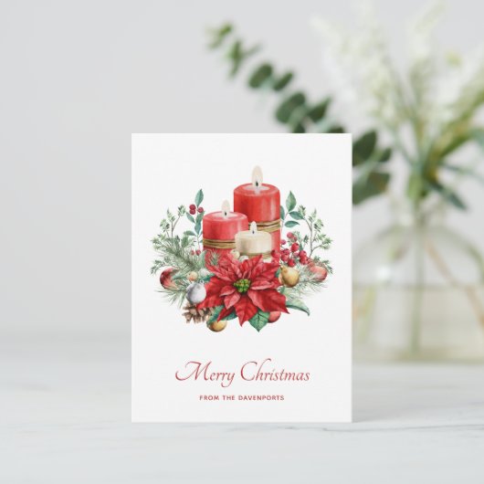 Waterverf Kaarsen en Poinsettia Kerst Briefkaart (Staand voorkant)