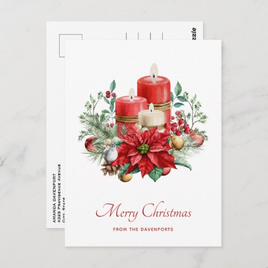 Waterverf Kaarsen en Poinsettia Kerst Briefkaart (Voorkant / Achterkant)