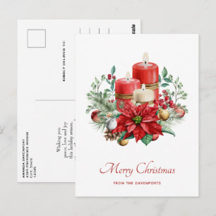 Waterverf Kaarsen en Poinsettia Kerst Briefkaart