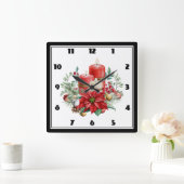 Waterverf Kaarsen en Poinsettia Kerst Vierkante Klok (Huis)