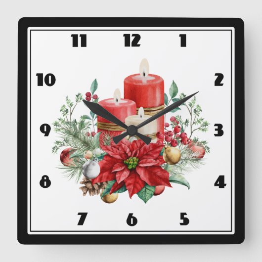 Waterverf Kaarsen en Poinsettia Kerst Vierkante Klok (Voorkant)