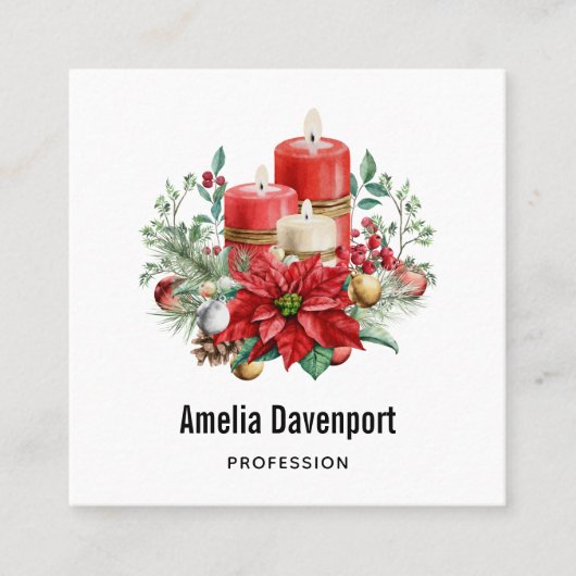 Waterverf Kaarsen en Poinsettia Kerst Vierkante Visitekaartje (Voorkant)