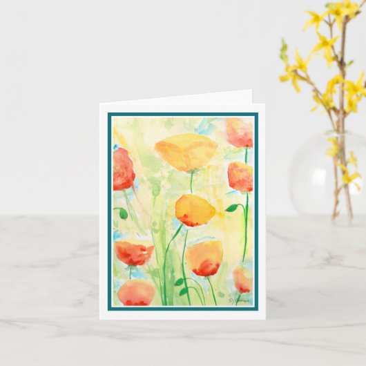Waterverf Kaart rode en gele papaver (Gele Bloem)