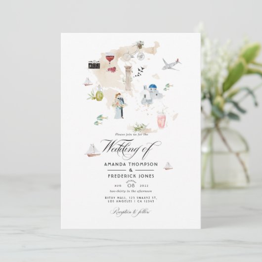 Waterverf kaart van Griekenland uitnodigende uitze (Staand voorkant)