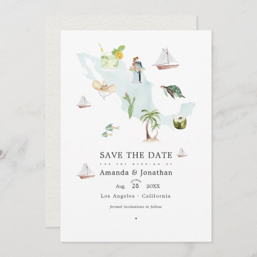 Waterverf-kaart van Mexico Destination Wedding Fot Save The Date (Voorkant / Achterkant)
