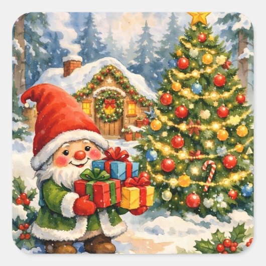 Waterverf Kabouter en Kerstboom Vierkante Sticker (Voorkant)