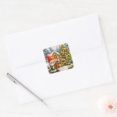 Waterverf Kabouter en Kerstboom Vierkante Sticker (Envelop)