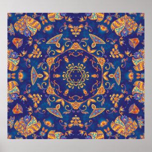 Waterverf Kaleidoscoop Mandala Oriental Design. Poster