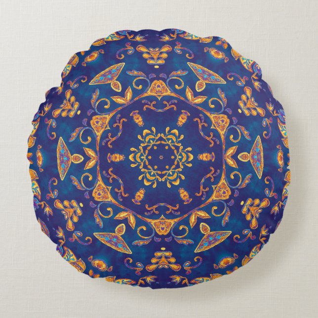 Waterverf Kaleidoscoop Mandala Oriental Design. Rond Kussen (Voorkant)