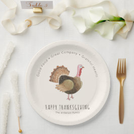 Waterverf Kalkoen Thanksgiving met Dankbare Harten Papieren Bordje