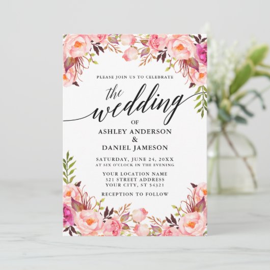 Waterverf kalligrafie Roze bloesse bruiloft Kaart (Staand voorkant)