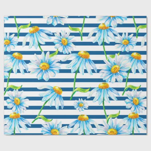 Waterverf kamille op een wit-blauw gestreepte rug cadeaupapier (Vlak)