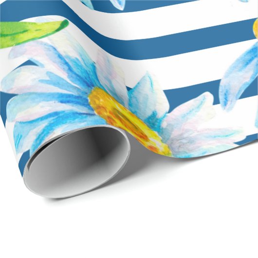 Waterverf kamille op een wit-blauw gestreepte rug cadeaupapier (Rol Hoek)