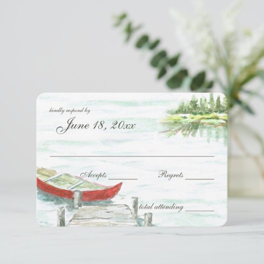 Waterverf kano meer bruiloft reactie RSVP kaartje (Staand voorkant)