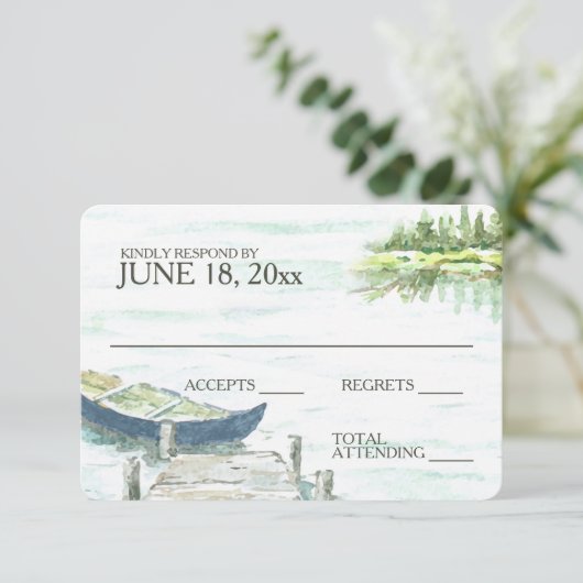Waterverf kano meer bruiloft reactie RSVP kaartje (Staand voorkant)