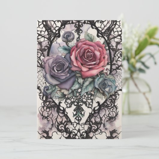 Waterverf Kant en Rozen Gotische Elegantie Bruilof Kaart (Staand voorkant)