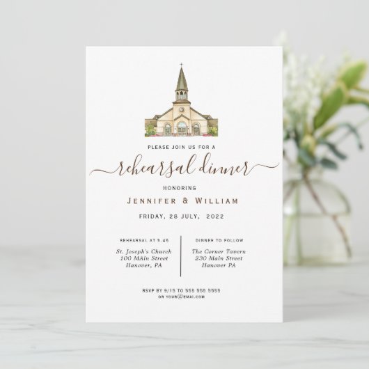 Waterverf kapel bruiloft repetitie diner kaart (Staand voorkant)