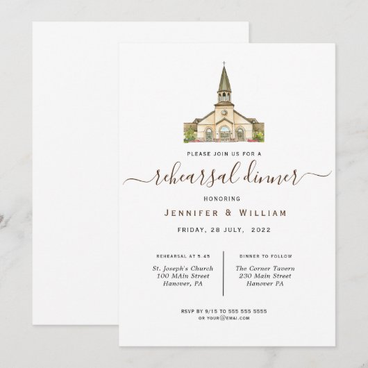 Waterverf kapel bruiloft repetitie diner kaart (Voorkant / Achterkant)