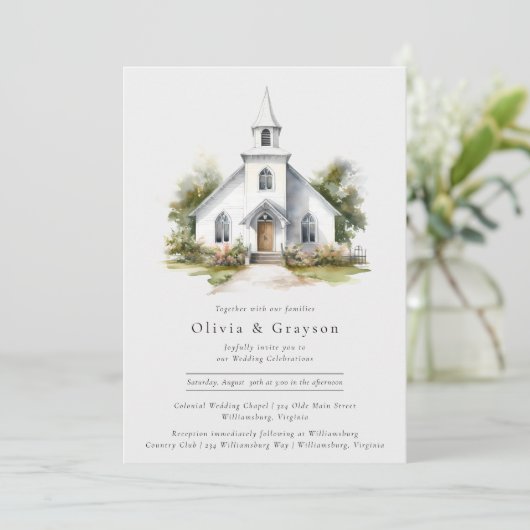 Waterverf Kapel Christelijke bruiloft uitnodiging (Staand voorkant)