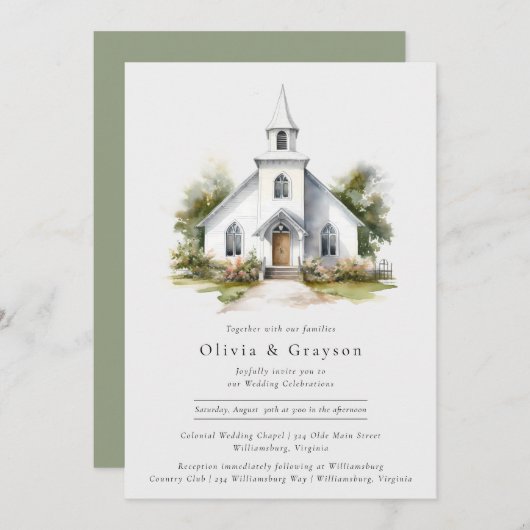 Waterverf Kapel Christelijke bruiloft uitnodiging (Voorkant / Achterkant)