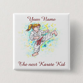 Waterverf Karate Kinder meisje met een hoge schope Vierkante Button 5,1 Cm