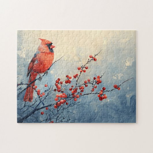 Waterverf kardinaal Bird Red Berries Legpuzzel (Horizontaal)
