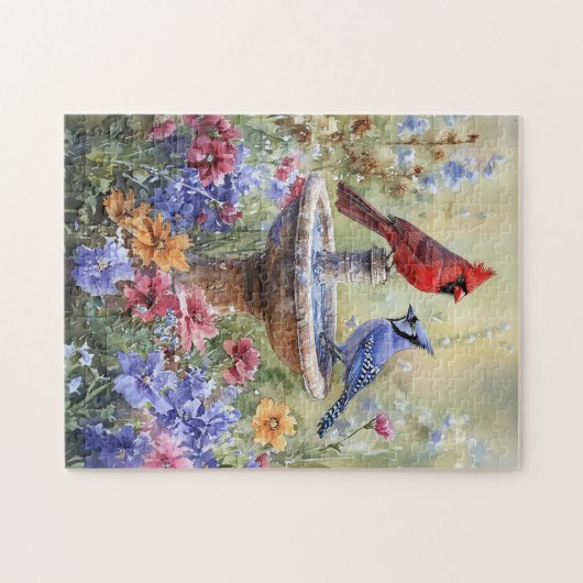Waterverf kardinaal en Blue Jay Legpuzzel (Horizontaal)