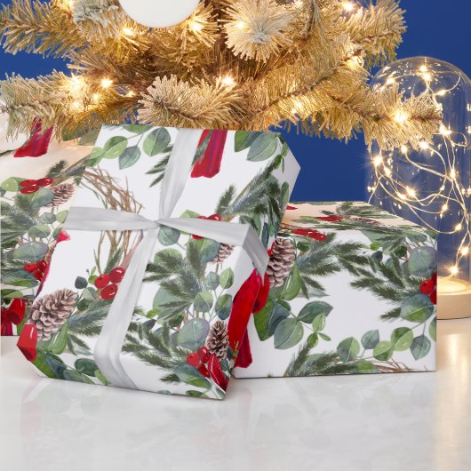 Waterverf Kardinaal Holly Berries kerstkunst Cadeaupapier (Feestdagen)