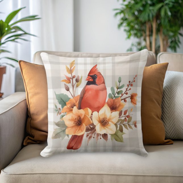 Waterverf kardinaal met Herfst Flowers & Plaid Kussen (Cardinal floral and plaid throw pillow)