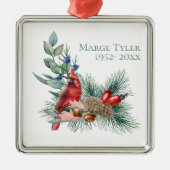 Waterverf kardinaal Pine Branch Herdenking Metalen Ornament (Voorkant)