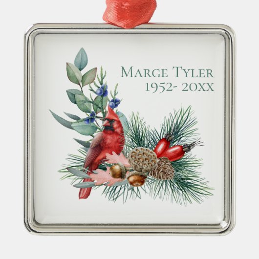 Waterverf kardinaal Pine Branch Herdenking Metalen Ornament (Voorkant)