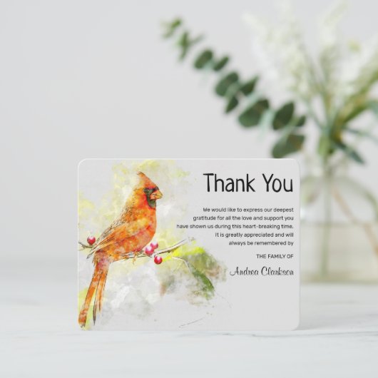 Waterverf Kardinaal Vogel Begrafenis Dank u Opmerk Bedankkaart (Staand voorkant)