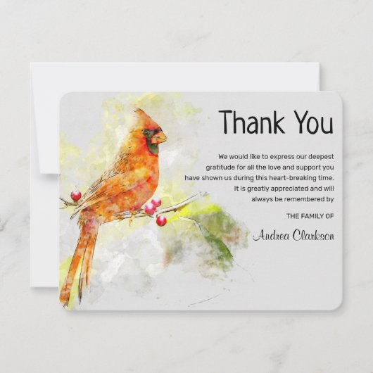Waterverf Kardinaal Vogel Begrafenis Dank u Opmerk Bedankkaart (Voorkant)