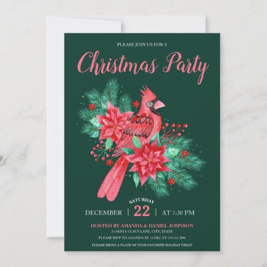 Waterverf Kardinaal Vogel Bloemen Kerstfeest Kaart (Voorkant)