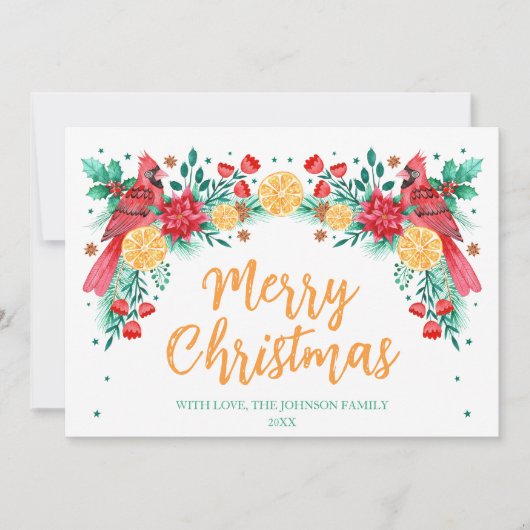 Waterverf Kardinaal Vogels en Kerstmis Botanicals Feestdagenkaart (Voorkant)