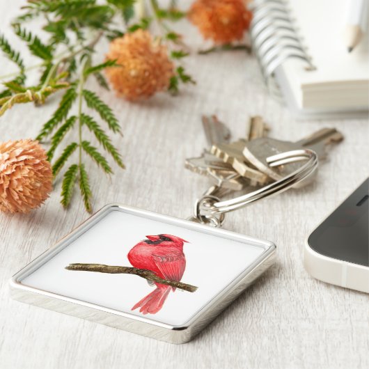 Waterverf kardinale vogels sleutelhanger (Zijkant)