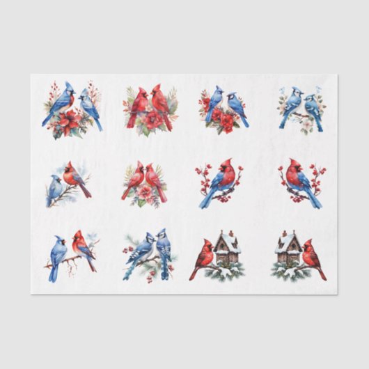 Waterverf Kardinalen Blauwe Vogels Elementen Decou Tissuepapier (Voorkant)
