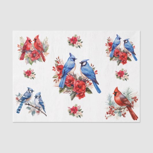 Waterverf Kardinalen Blauwe Vogels Elementen Decou Tissuepapier (Voorkant)