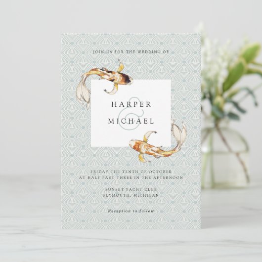 waterverf karp koi huwelijksuitnodiging kaart (Staand voorkant)