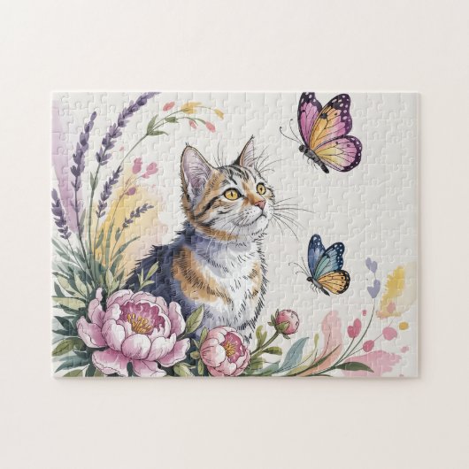 Waterverf Kat Bloem Legpuzzel (Horizontaal)
