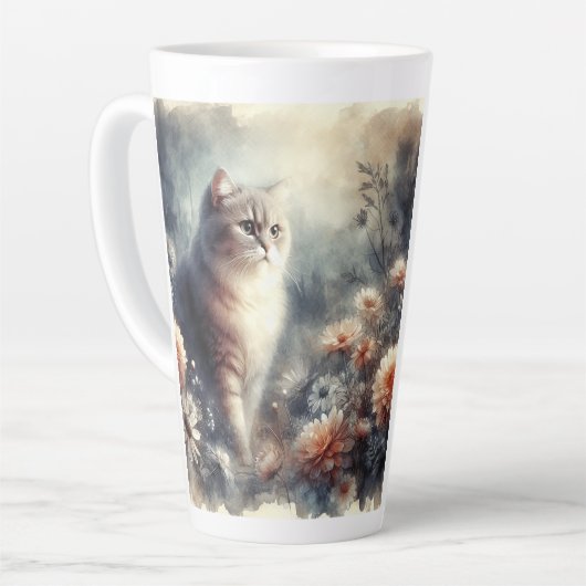 Waterverf Kat & Bloemen - De liefde van een moeder Latte Mok (Linkerhoek)