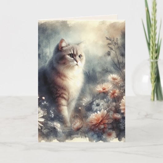 Waterverf Kat & Bloemen - Moederdag Kaart (Voorkant)