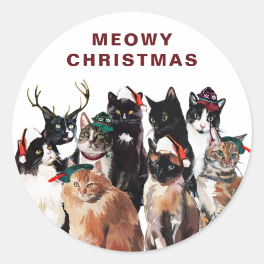  Waterverf Kat Clowder Meowy Kerstmis Ronde Sticker (Voorkant)