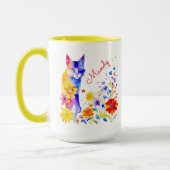 Waterverf Kat en Bloemen Gepersonaliseerd Mok (Links)