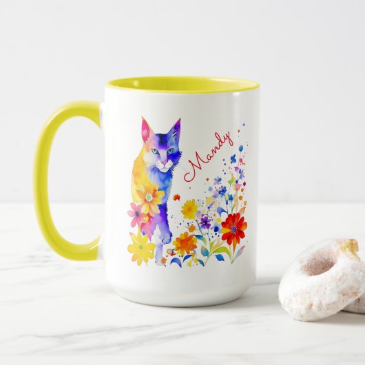Waterverf Kat en Bloemen Gepersonaliseerd Mok (Met donut)