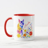 Waterverf Kat en Bloemen Gepersonaliseerd Mok (Links)