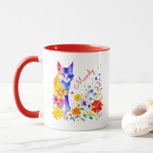 Waterverf Kat en Bloemen Gepersonaliseerd Mok (Met donut)