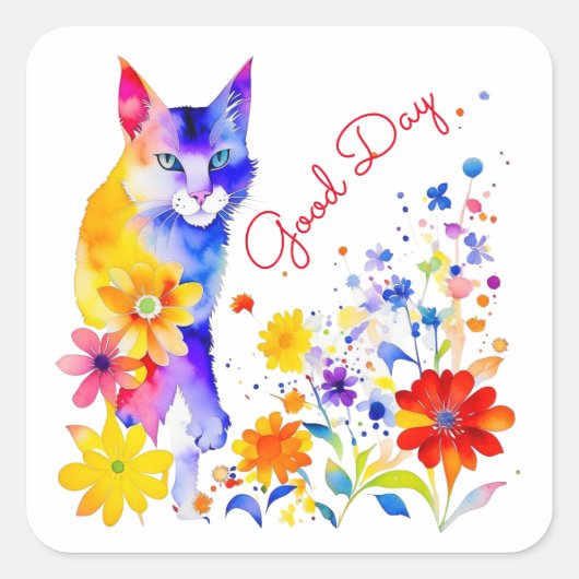 Waterverf Kat en Bloemen Gepersonaliseerde Goede D Vierkante Sticker (Voorkant)